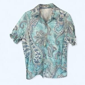 Cherry Betty Retro Paisley Print Collared Puff Sleeve Top Blue Size medium